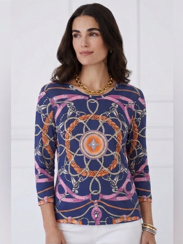 J. Mclaughlin Catalina Top S Equestrian Scarf Print Hermes Nautical Chain Preppy